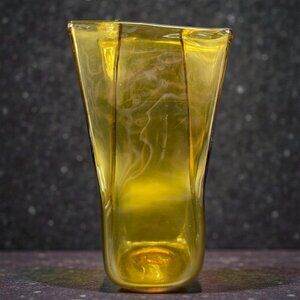 Blenko Glass Amber Topaz Yellow Paper Bag Vase Vessel Hand Blown Glassware VTG